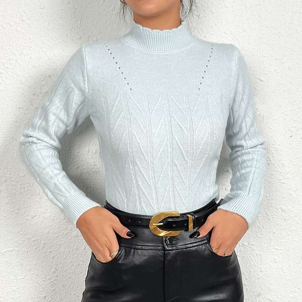 fashionable solid color lace collar long sleeved hollow geometric stripe
