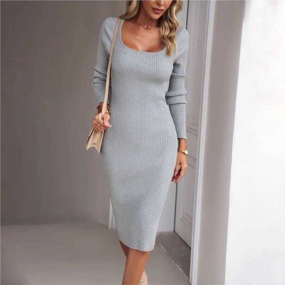 fashionable solid color square neck slim fit woolen autumn and