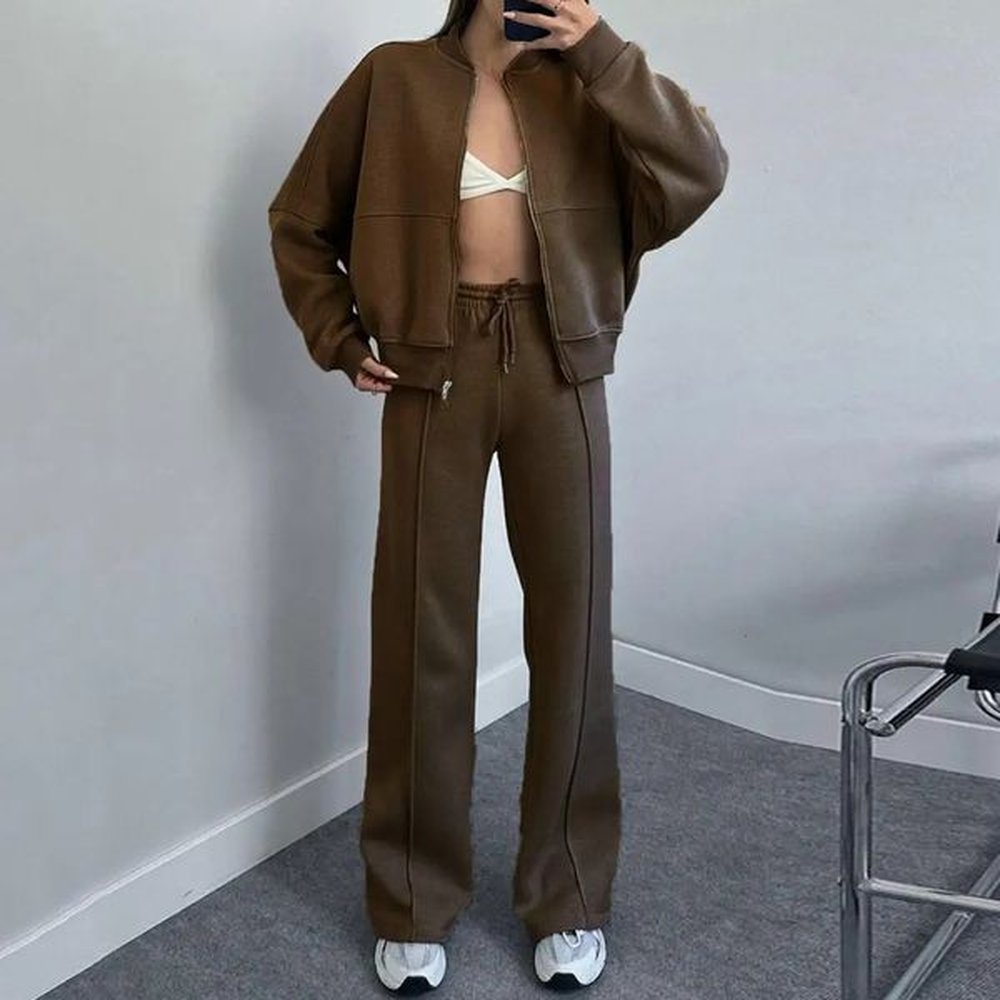 fashionable solid womens track suit casual oneck long pants set
