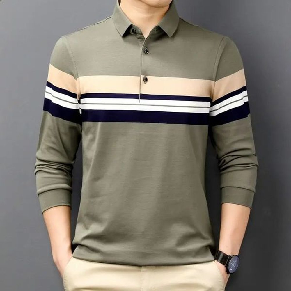 Fashionable Spring Mens Polo Collar Long Sleeved Contrast Button Polo Shirt Autumn Loose Commuting Comfortable Casual Top 240813