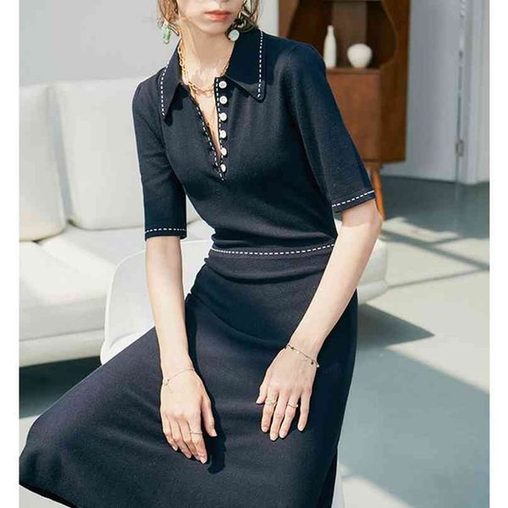 fashionable womens dress spring temperament contrasting lines waist long wool