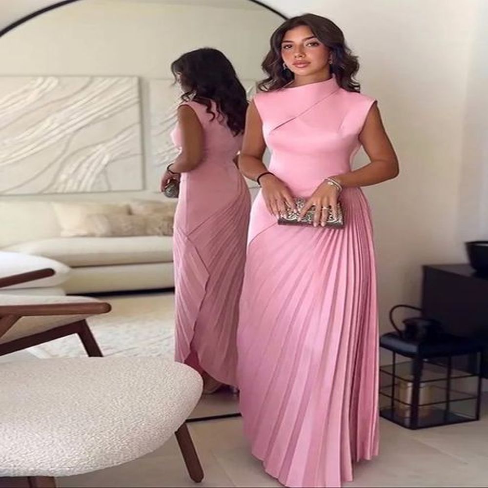 fashionable womens solid irregular pleated long skirt elegant oblique collar