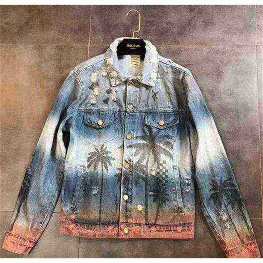 Fashiondemon Autumn New Men's Women's Clothing Denim Jacket Coat Washed Hole Frayed Outerwear Vintage Coconut Palm Print Hip Hop J