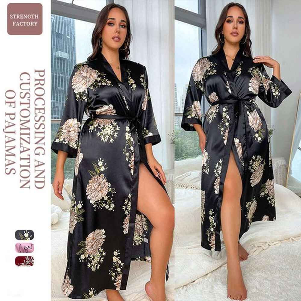 fat plus size fashion casual loose print pajamas womens long