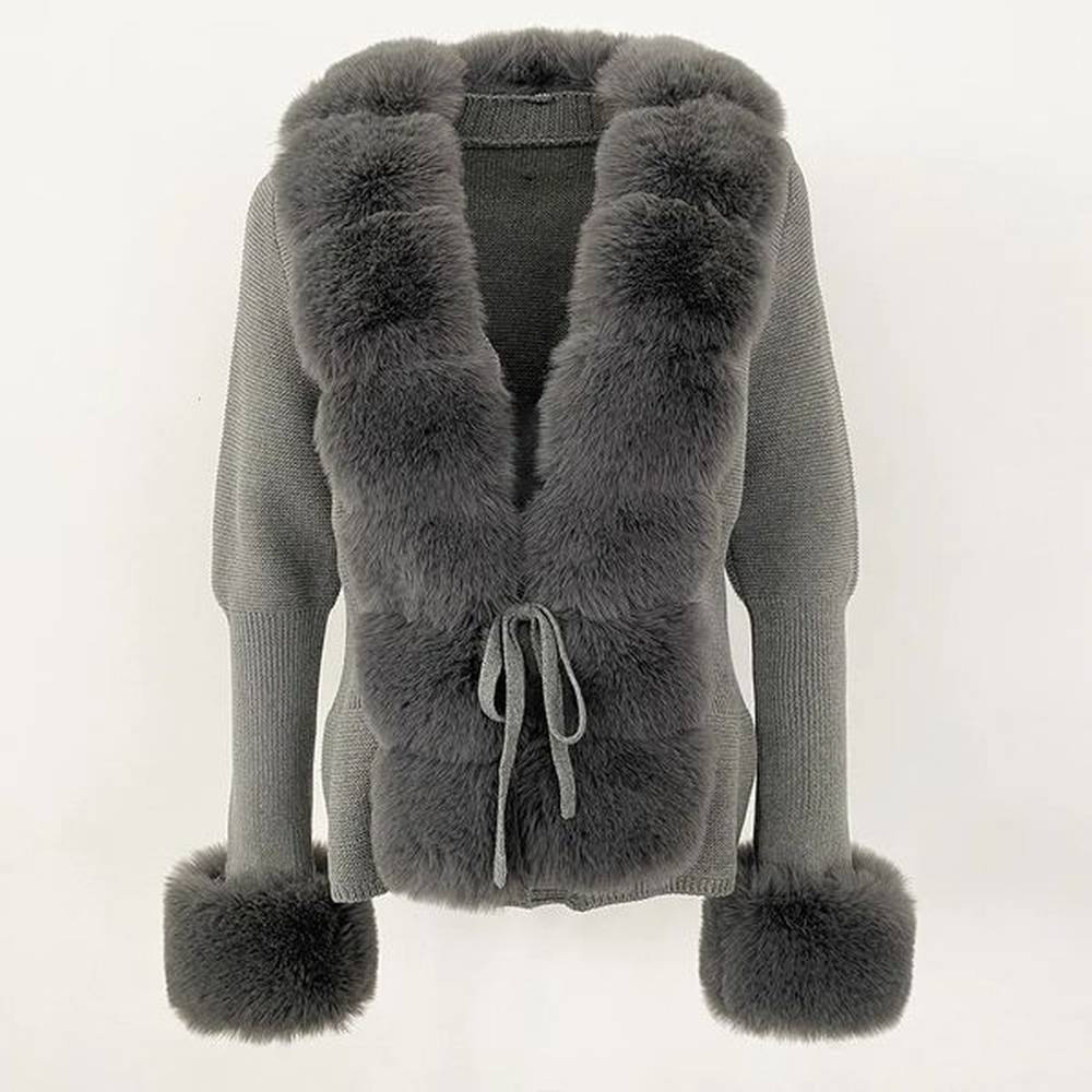 faux fur coat y patchwork knit sweater bandage cardigan detachable