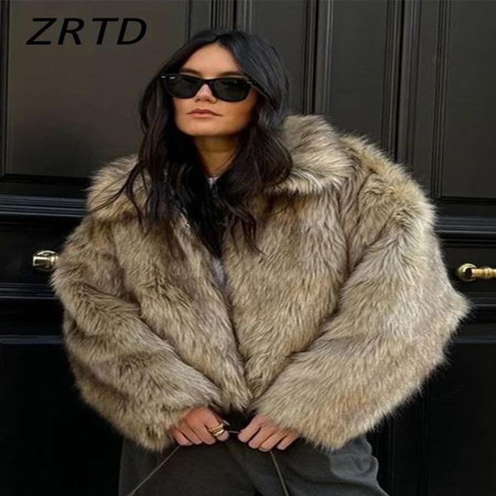 faux fur womens short coats fashion lapel zipper long sleeve