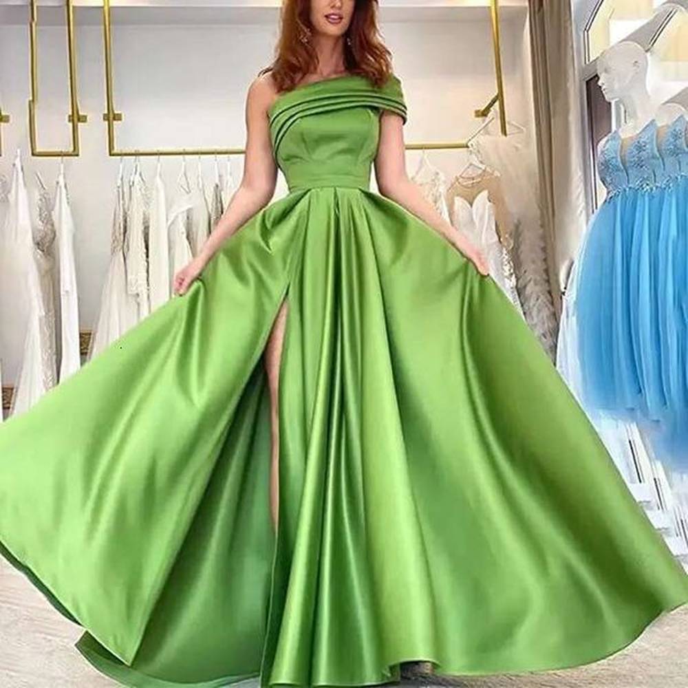 favourite single shoulder satin evening birthday party fluffy dress green