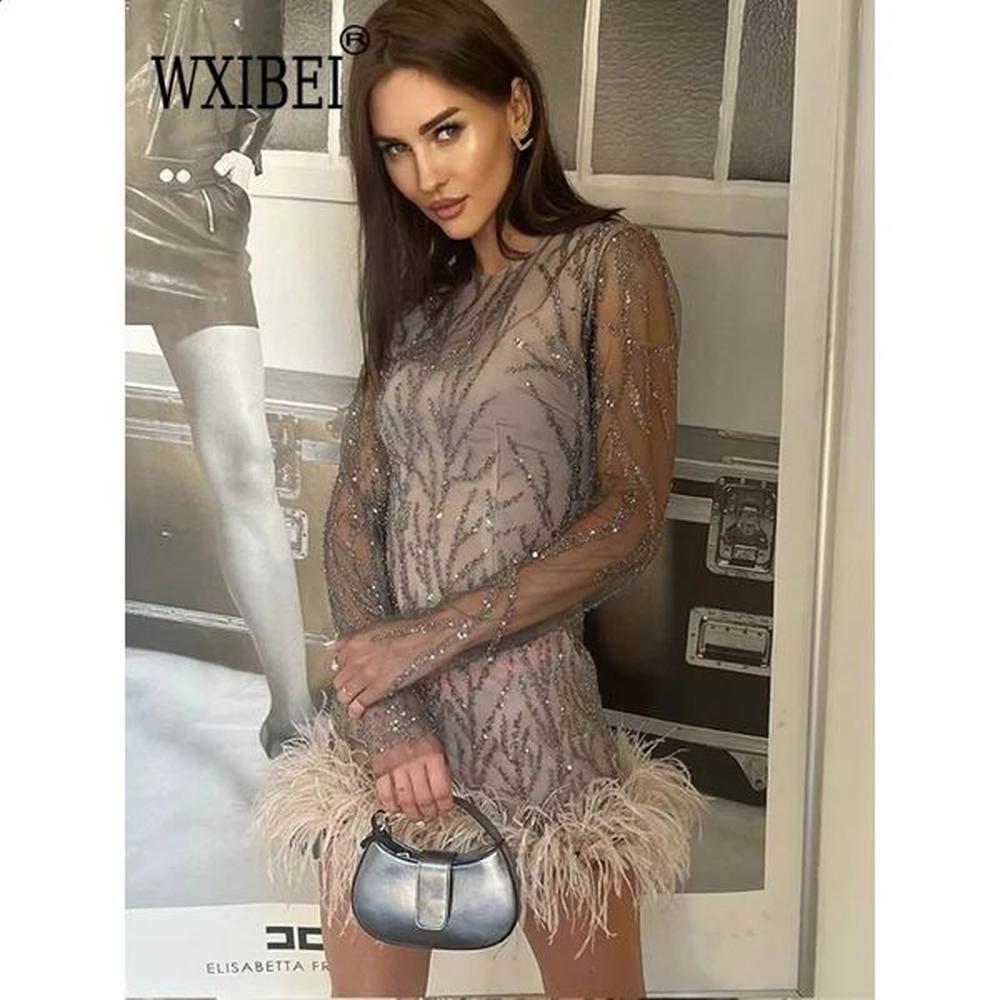 feather sequins partywear mini dresses women elegant mesh sheer sequined
