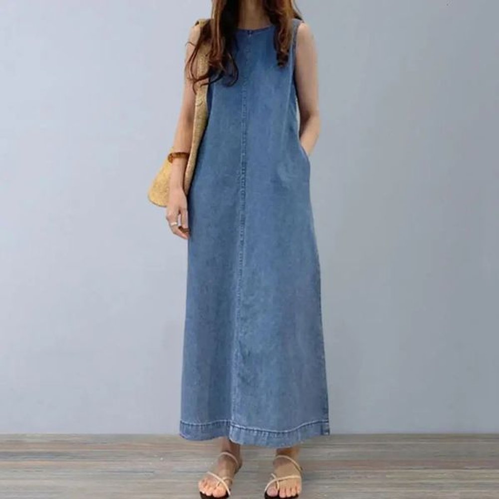 femme fashion casual loose long maxi sundress pleated denim vestido