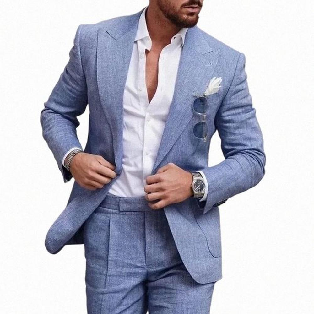 fi Linen Suits for Men Chic Peak Lapel Double One Butt Male Suit Slim Fit Busin Casual Wedding Tuxedo 2 Piece Costume t8mD#