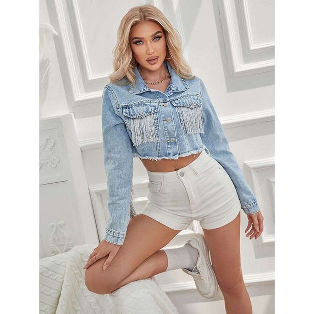 fitaylor spring autumn women crop denim jacket tassel casual jean