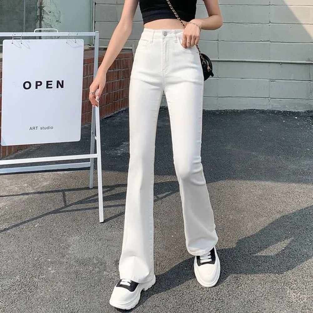 flared jeans woman high waist denim trousers for female blue