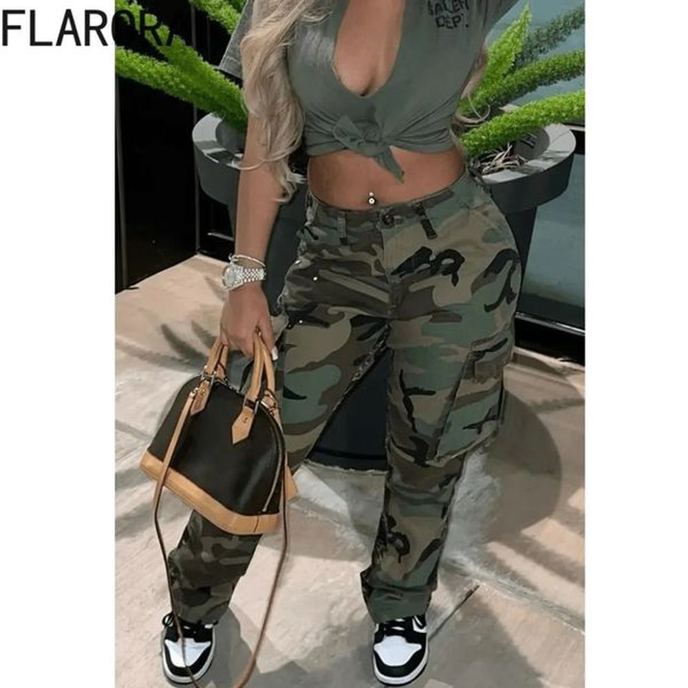 flarora fashion high waist camouflage pocket cargo pants yk streetwear