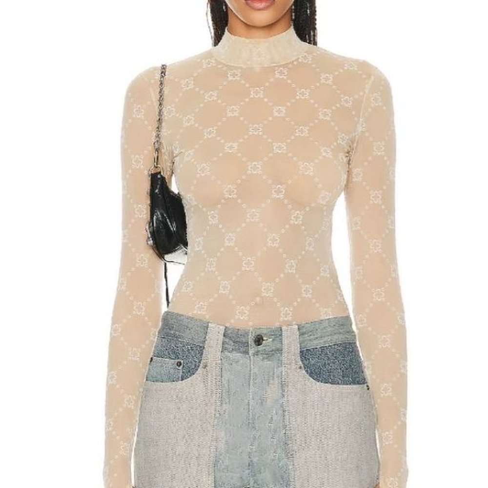 flock mesh moonogram high neck top womens jumpsuits shirts tee