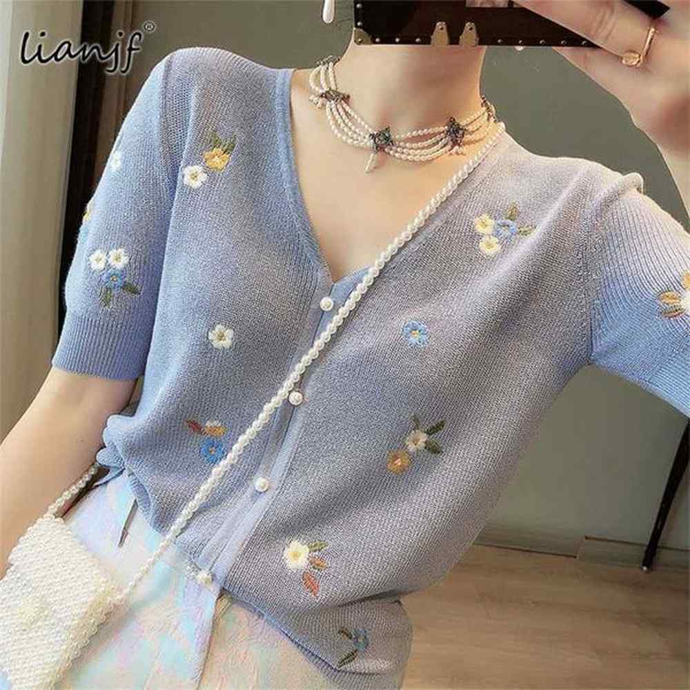 floral embroidery thin knitted cardigans sweaters summer women korean fashion