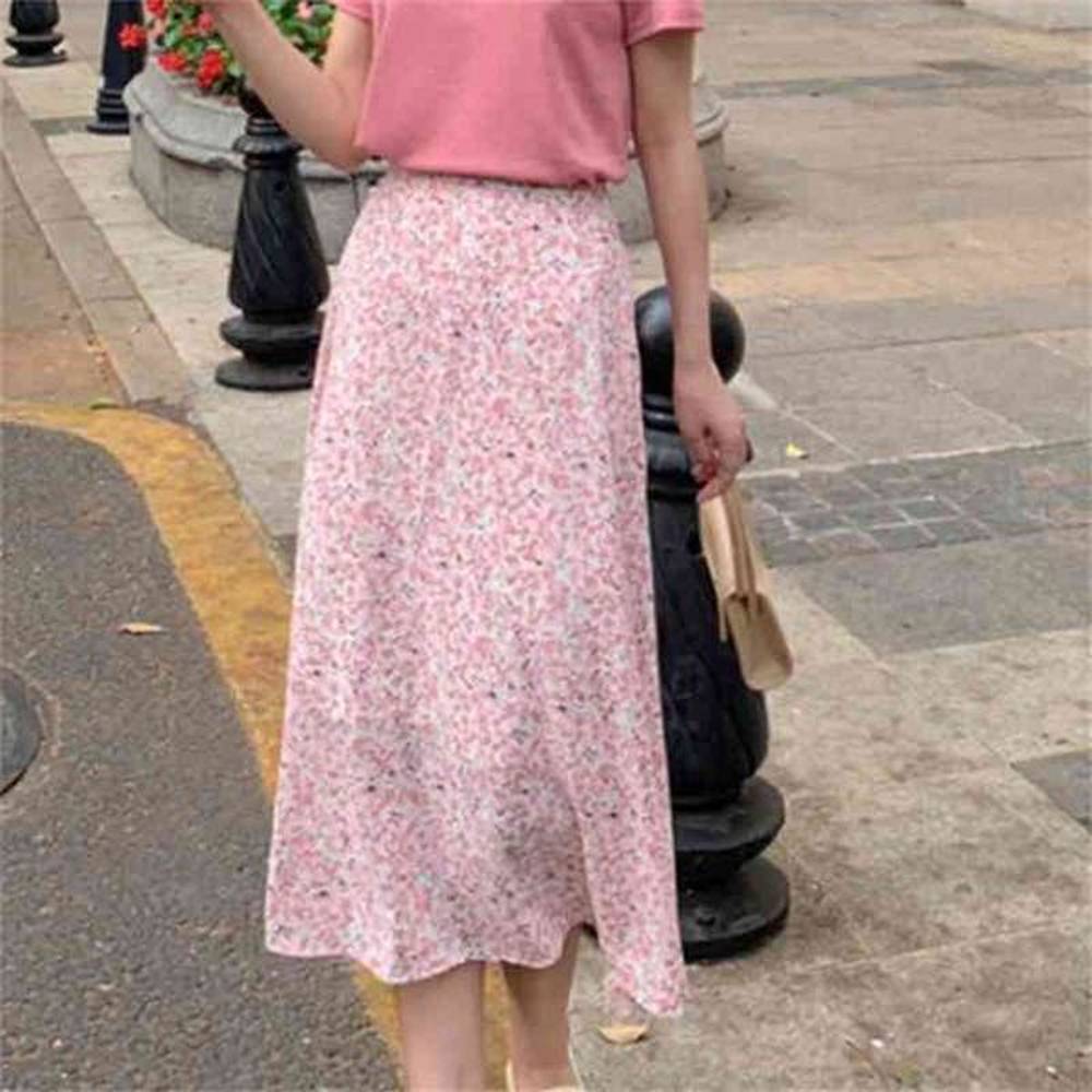 floral green print ruffle pleated long skirts summer women korean