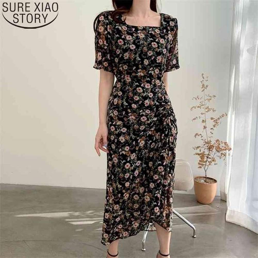 floral print dress women plus size korean chic elegant square