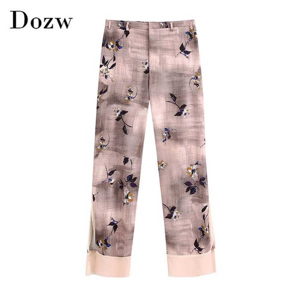 floral print patchwork pants women pockets side split chic long