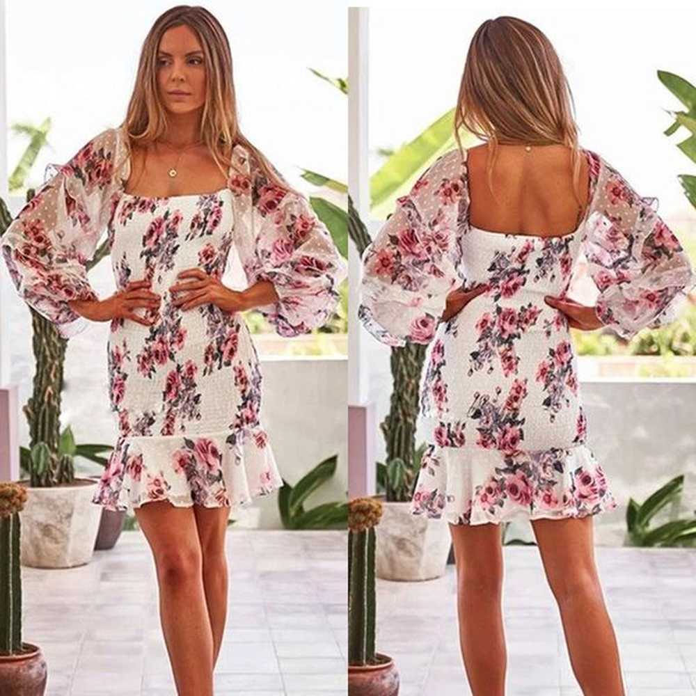 floral square neck wrap dress long sleeve ruffles vestidos boho