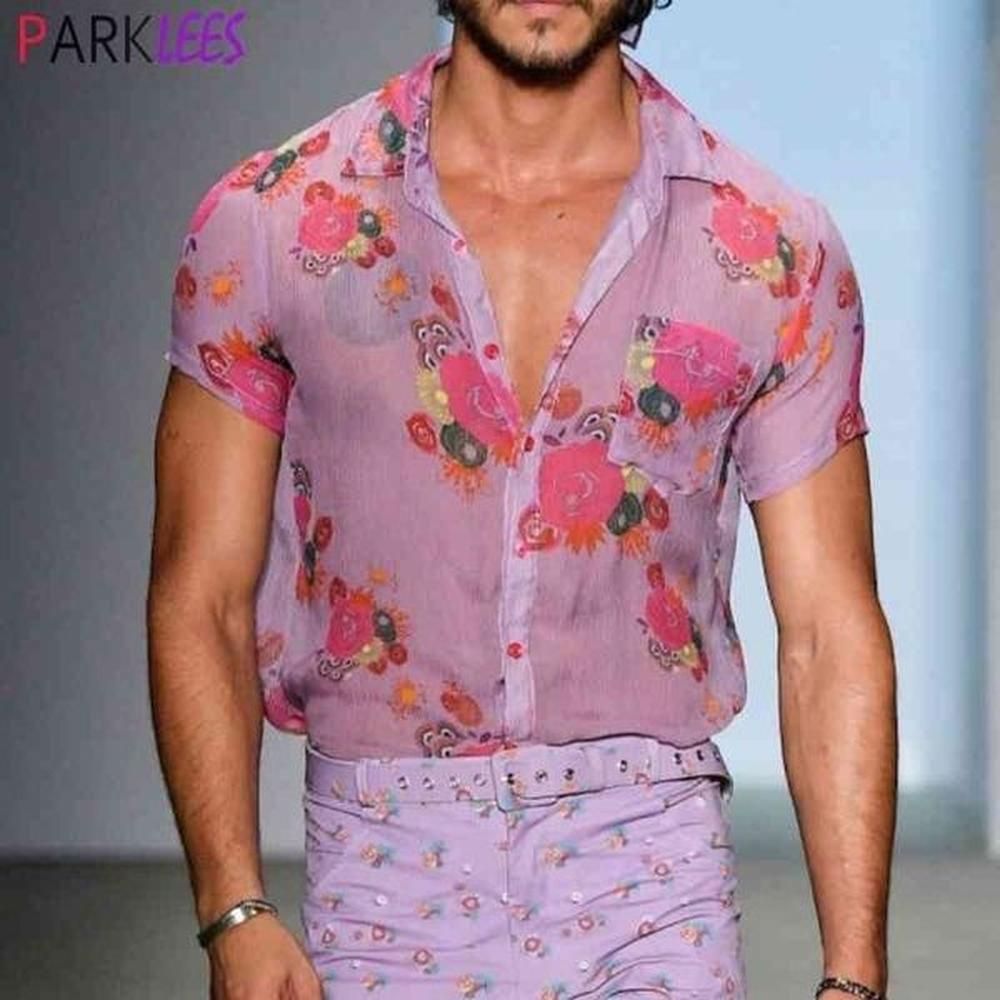 Floral Transparent Lace Sheer Shirt Men Sexy See Through Mens Dress Shirts Casual Short Sleeve Party Beach Holiday Chemise 210522