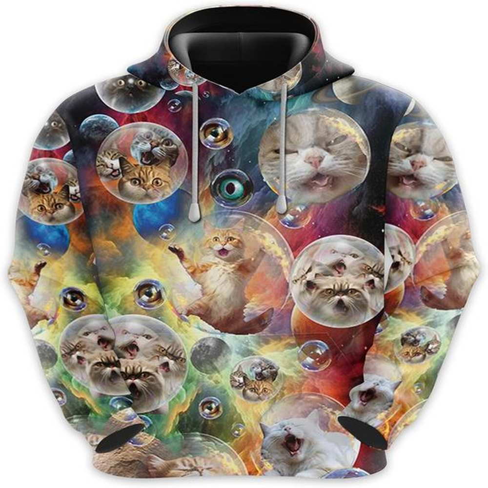 for Mens Funny Fleece Hooded Sweatshirt - 3D Galaxy Cat Printed Pullover Hoodie Graphic fee70