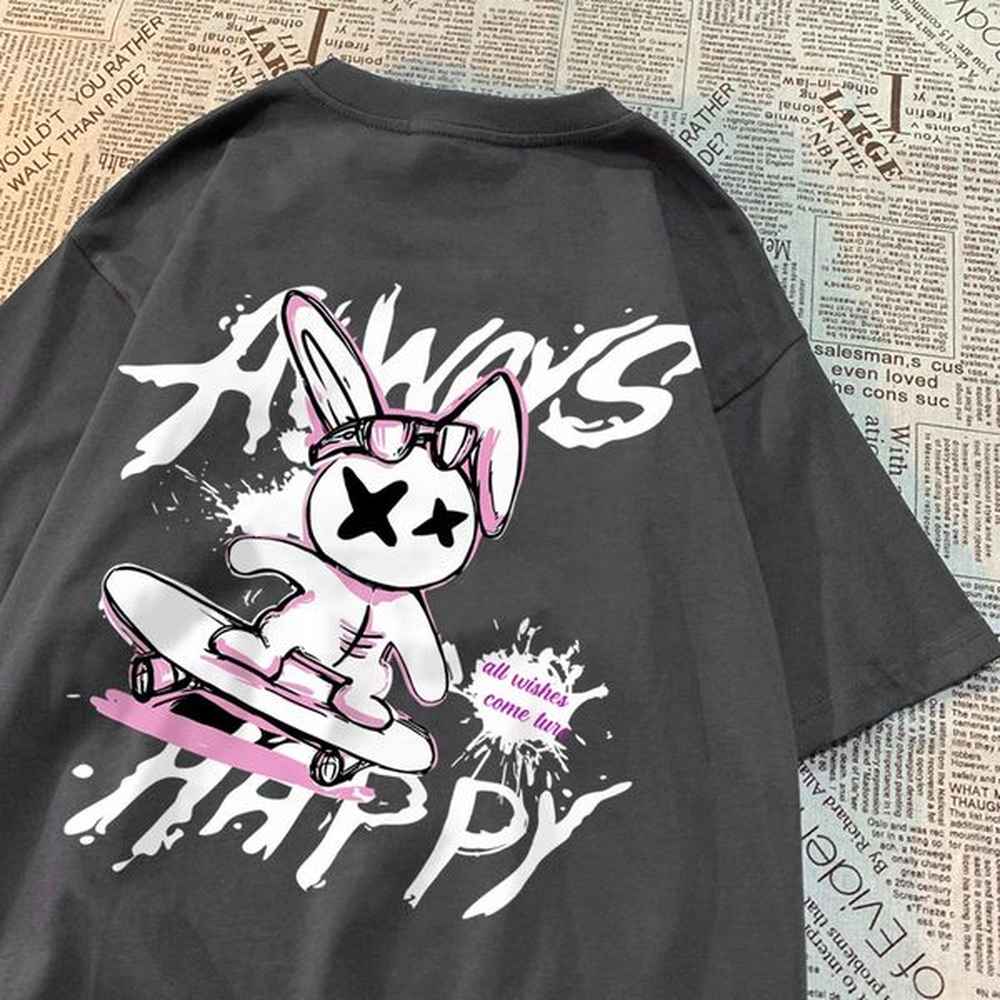 Forever Happy Skateboarding Rabbit Mens Tshirt Oversized Harajuku Soft Clothing Fashionable Breathable Cotton Oneck 250210