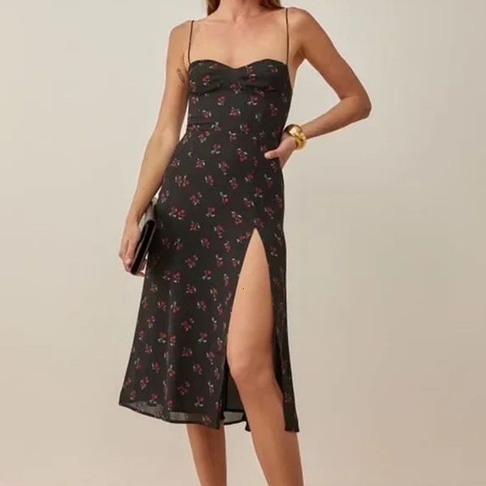 foridol strawberry print white chiffon long dress women spaghetti strap