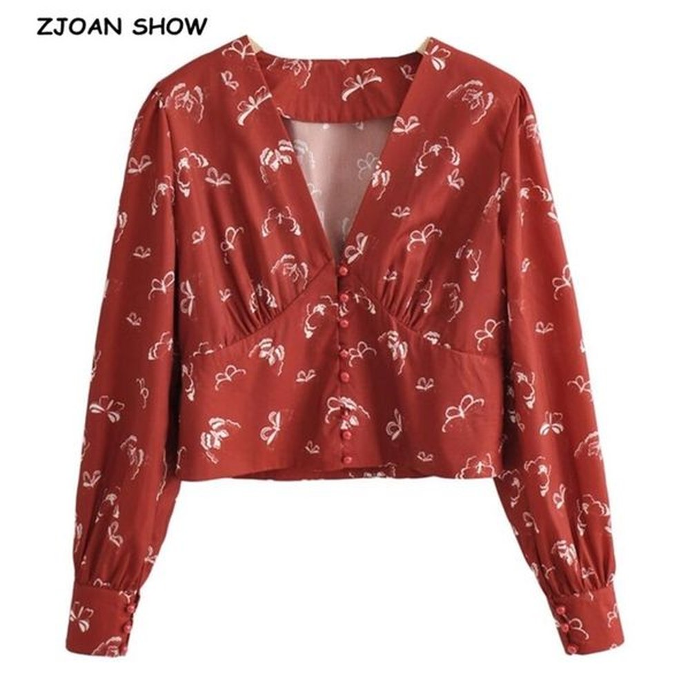 france retro long puff sleeve floral print shirt red women