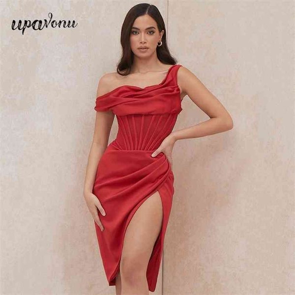 free high quality satin dress womens burgundy sexy card shoulder