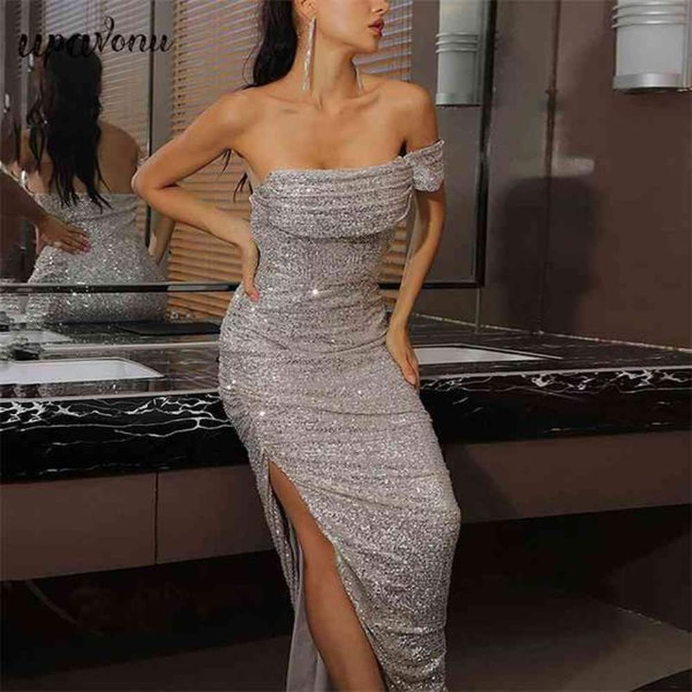 free sexy one shoulder short sleeve maxi dress shiny sequin