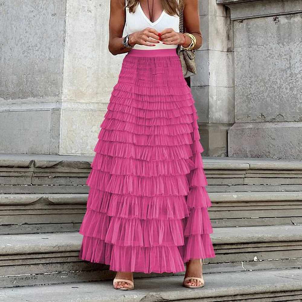 free shipping french long skirt for womens rose red