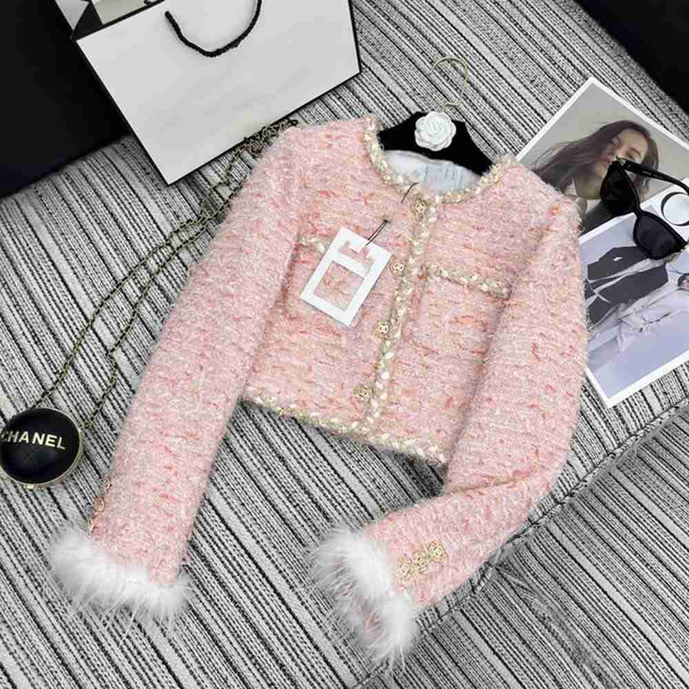 free shipping luxurious pink crew neck long sleeves tweed womens