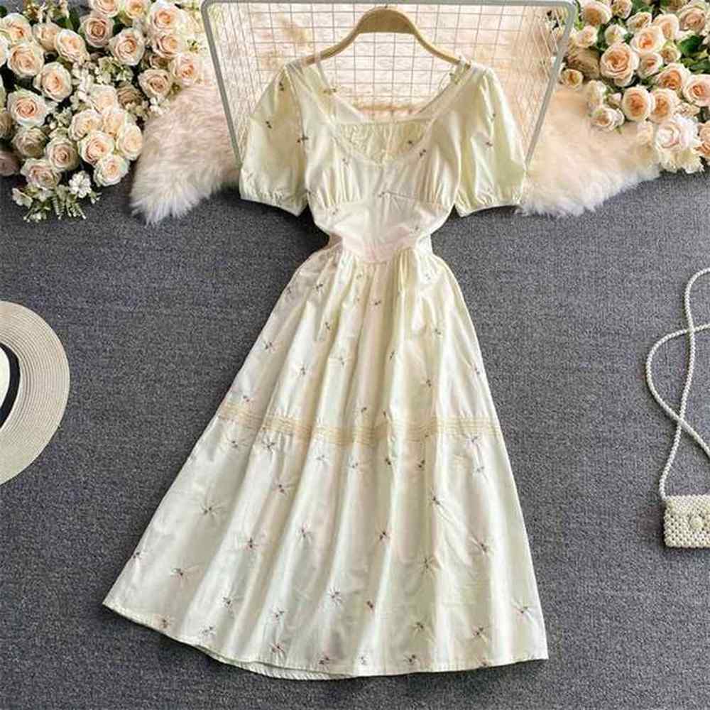 french floral embroidered summer dress women puff sleeve korean chic