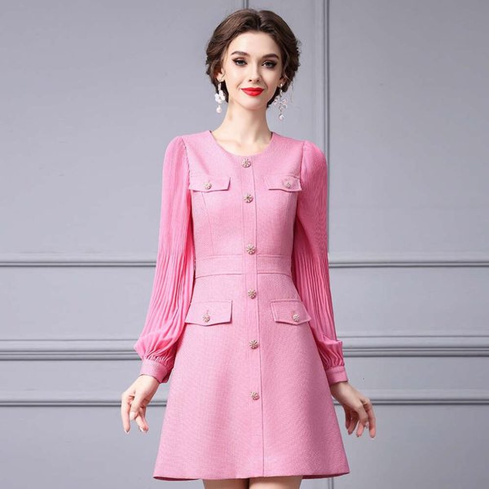 french gentle pink dress new item pleated lantern sleeves