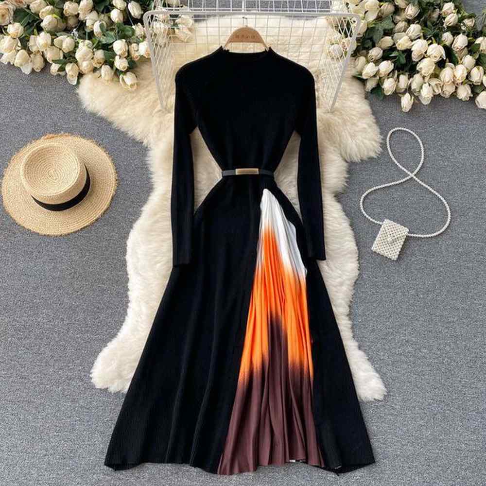 french hepburn style elegant knitted patchwork gradient color pleated slim