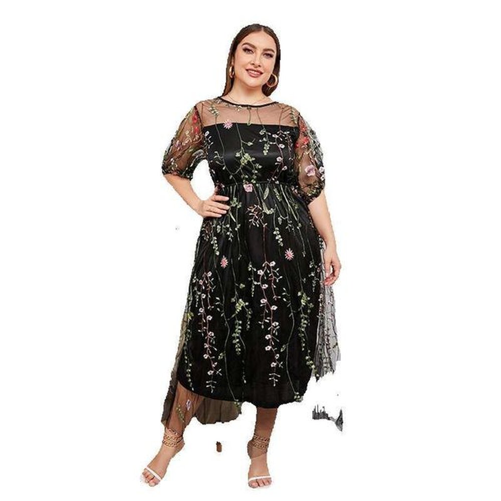 french hepburn style oversized womens mesh embroidered banquet party dress