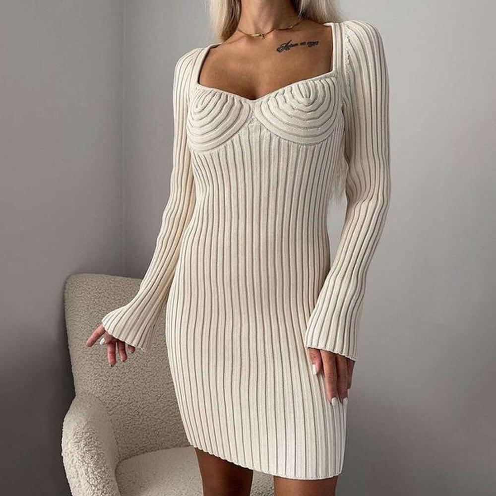 french lazy square neck tight waist woolen dress early autumn