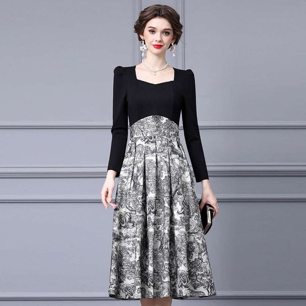 french light luxury dress with elegant temperament jacquard splicing waist