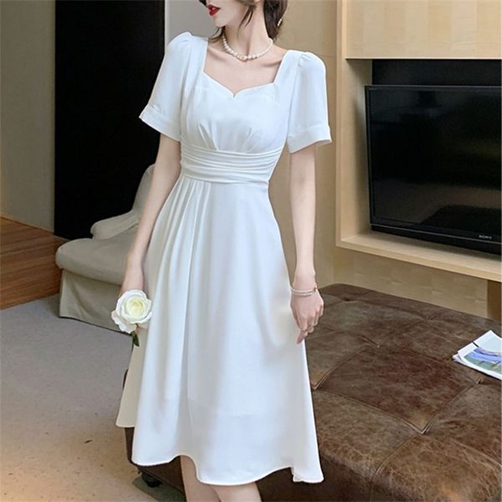 french retro temperament white square collar party dress summer elegant