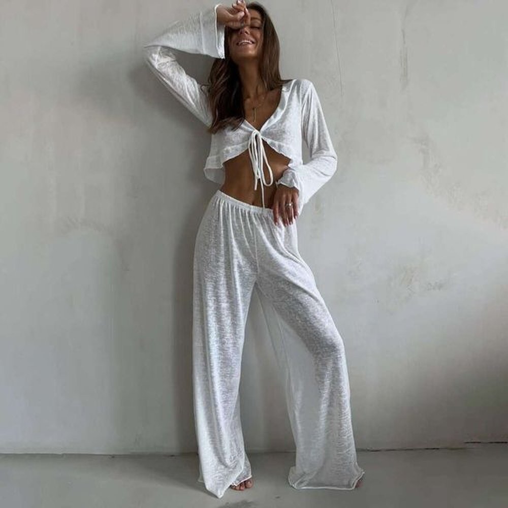 french sexy lace up exposed navel see through wide leg