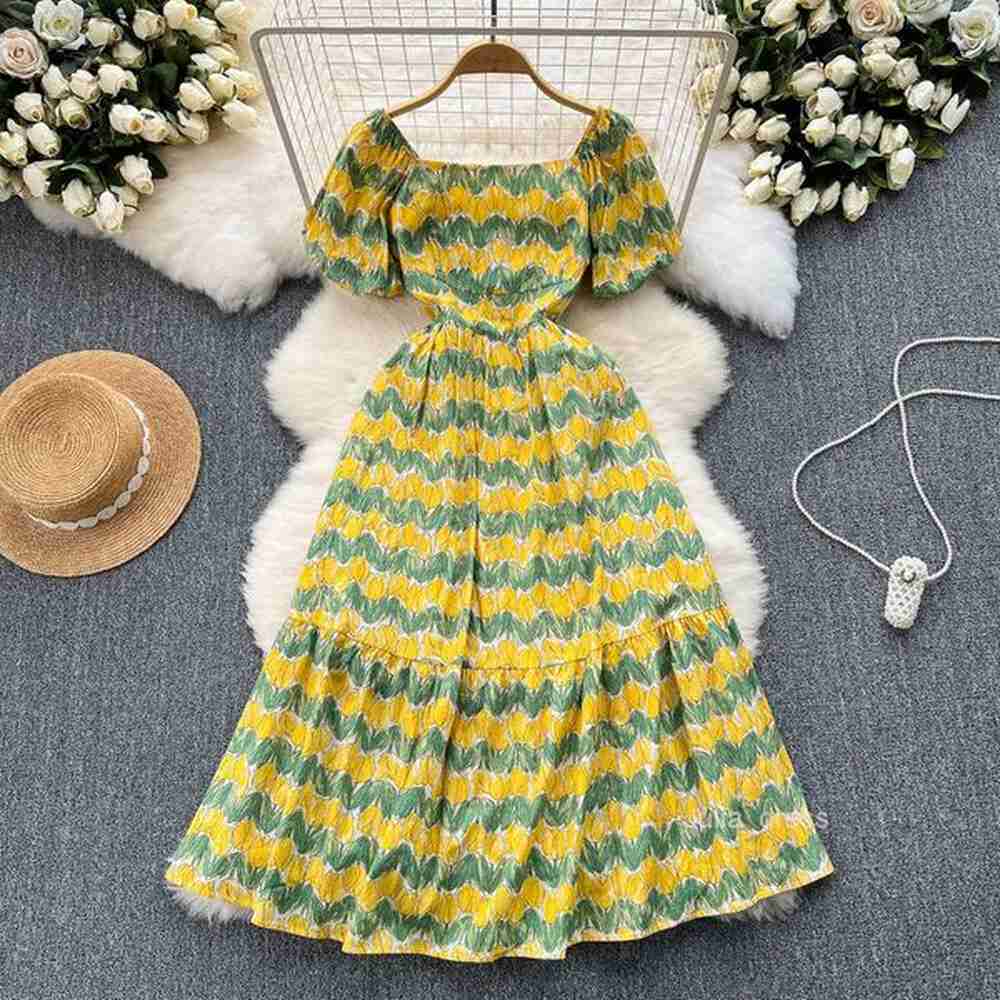 french square neckline slim fit long ruffled skirt niche oil