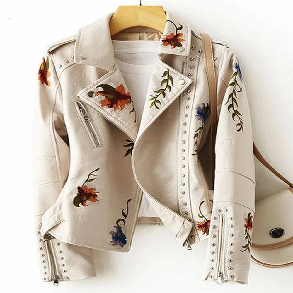 ftlzz women retro floral print embroidery faux soft leather jacket