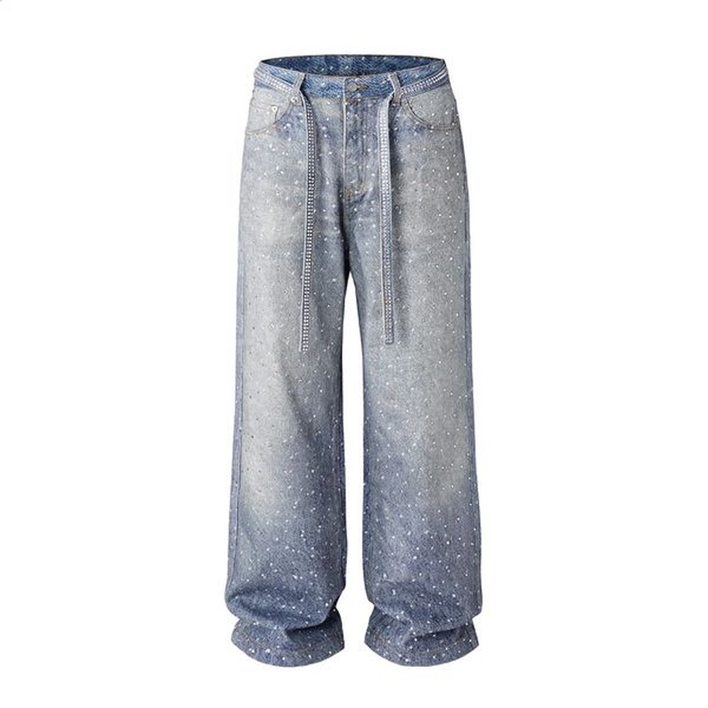Full rhinestone print washed blue bagged jeans for men and women Ropa Hombre streetwear solid casual denim Trouser loose cargo 250109