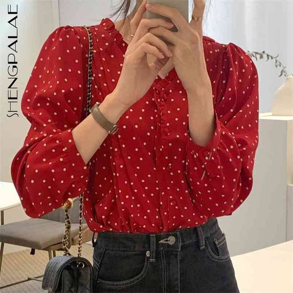 full screen wavelet dot blouse womens spring vneck pleated wood