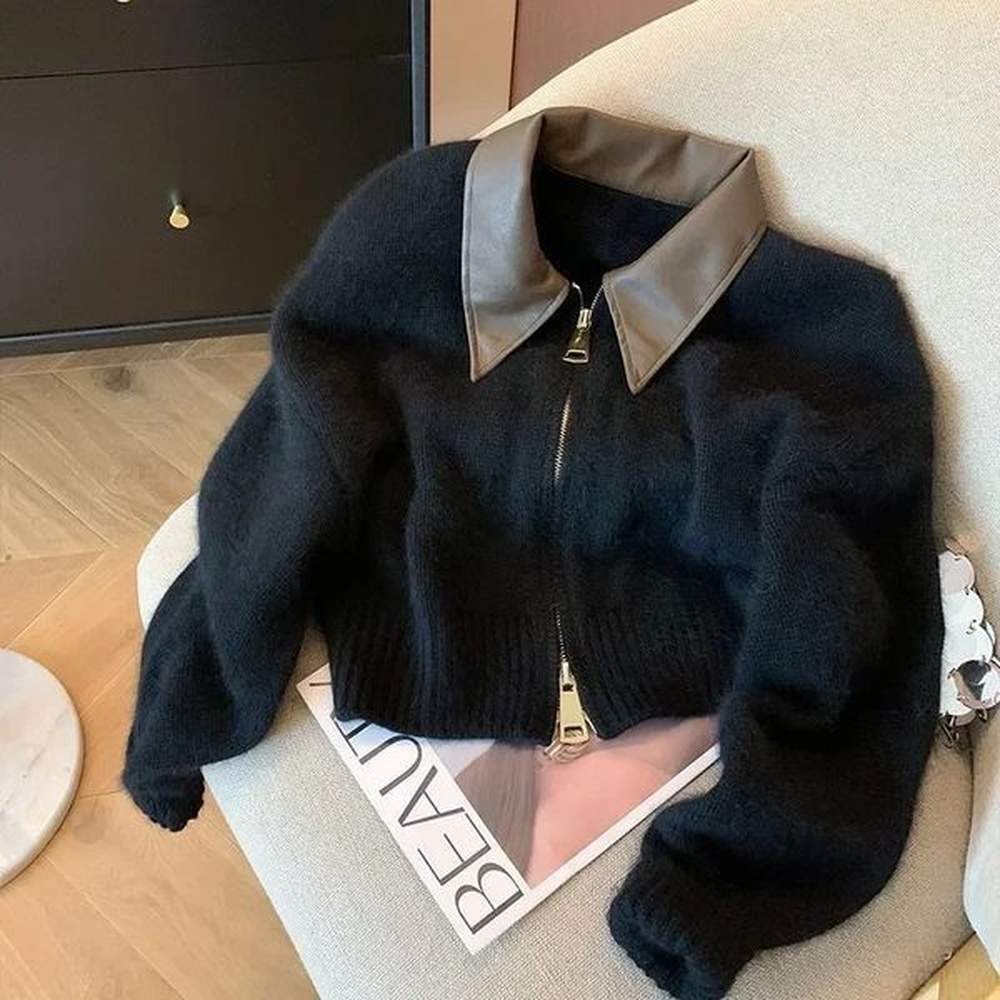 full sleeve solid women turn down collar loose casual knitted