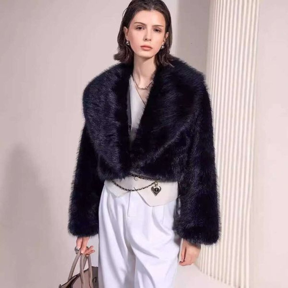 fur black synthetic ecofriendly short fashion fox fur jacket fluffy