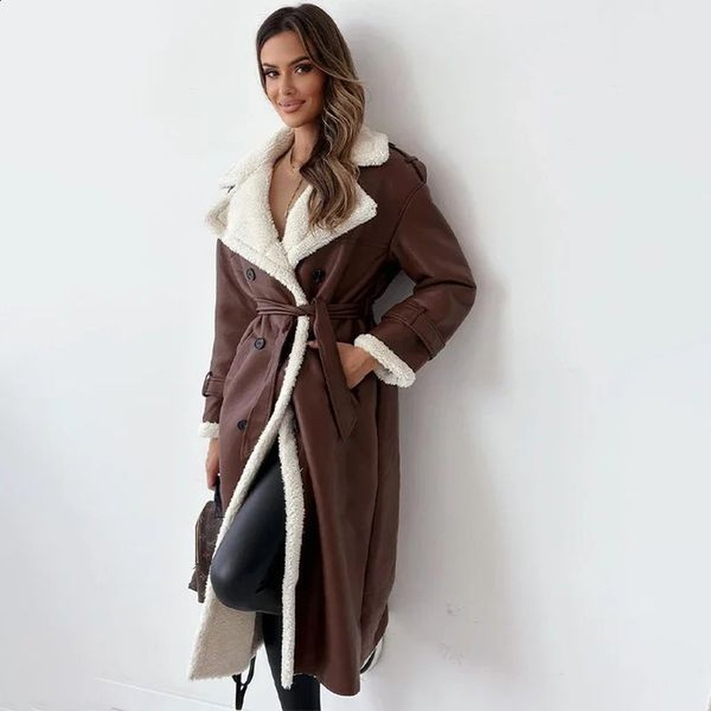fur jacket waist belt lambswool long sleeved swivel collar pocket