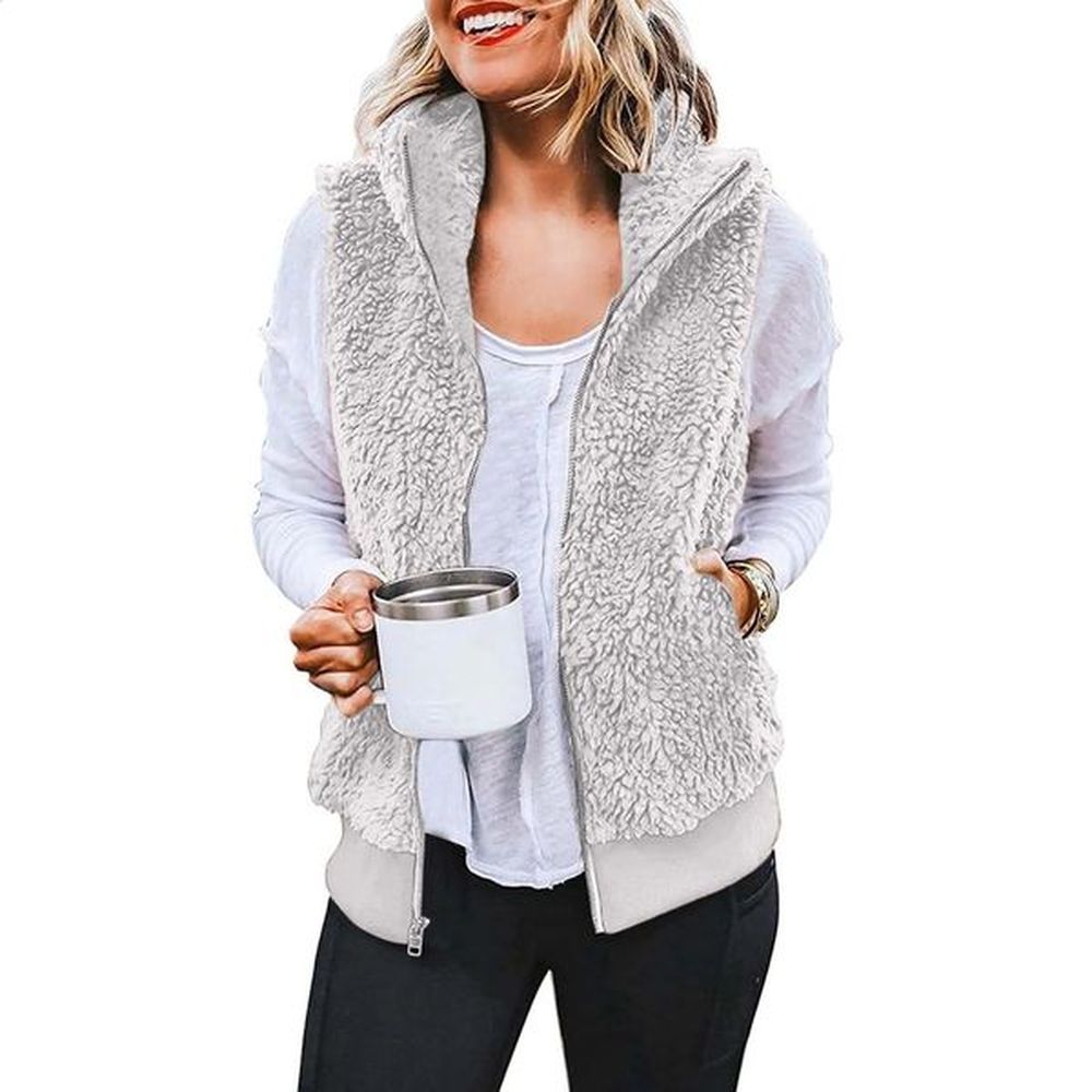 fuzzy fleece lined sleeveless vest womens front zippered up stand