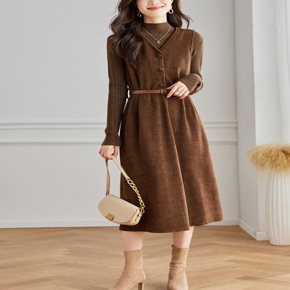 g corduroy thickened dress womens mediumlength high waist slim ladies
