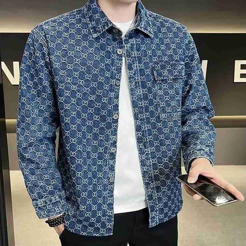 G1028 designer jacket men long sleeve plaid brand jean jacket Lapel Neck luxury denim jackets mens coat